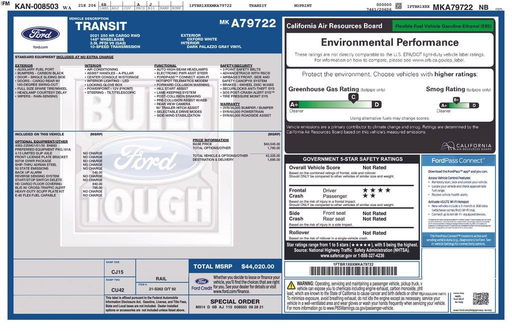 2021 Ford Transit Cargo Van T-250 HI RF RWD