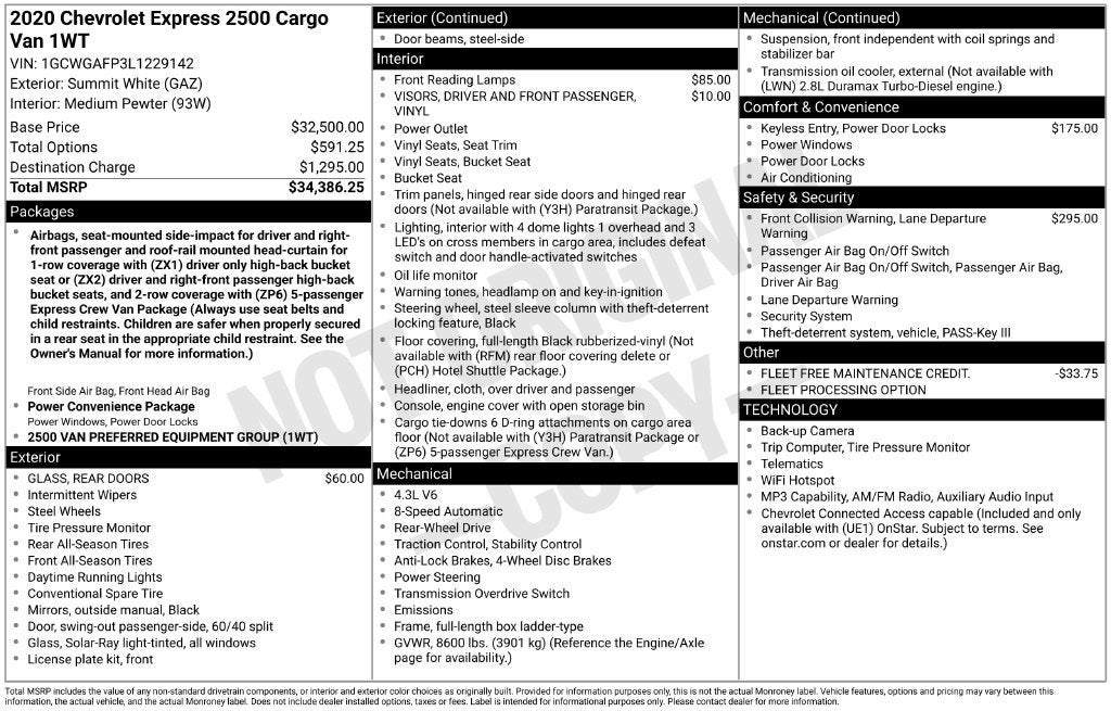2020 Chevrolet Express Cargo 2500 RWD 2500 135"