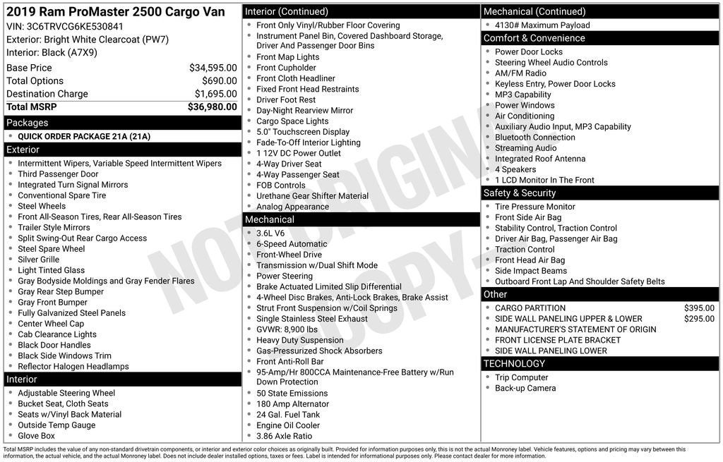 2019 RAM ProMaster Cargo Van 2500 HIGH RF 136"