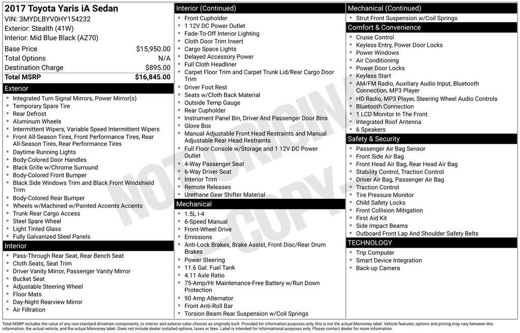 2017 Toyota Yaris iA 4DR SDN MANUAL