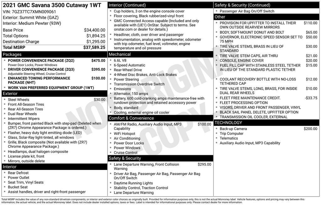 2021 GMC Savana Cutaway 3500 VAN 177" RWD