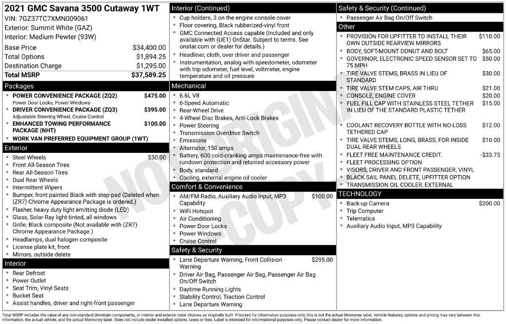 2021 GMC Savana Cutaway 3500 VAN 177" RWD